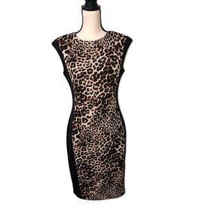 Vince Camuto Womens Size 6 Dress Leopard Animal Print Sheath Cap Sleeve Stretch
